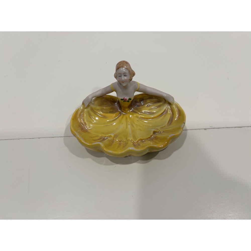 Vintage Ballerina Trinket Dish Porcelain Yellow Dress Figurine Vanity Decor